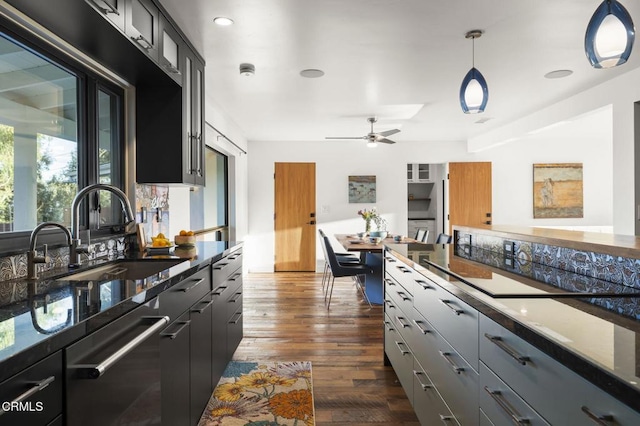1417 Foothill Rd, Ojai, CA 93023 - kitchen featuring a sink, dishwasher, a ceiling fan, dark wood-type flooring, and pendant lighting