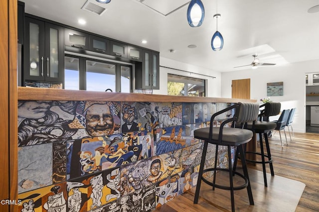 1417 Foothill Rd, Ojai, CA 93023 - bar area featuring wood finished floors, ceiling fan, and pendant lighting