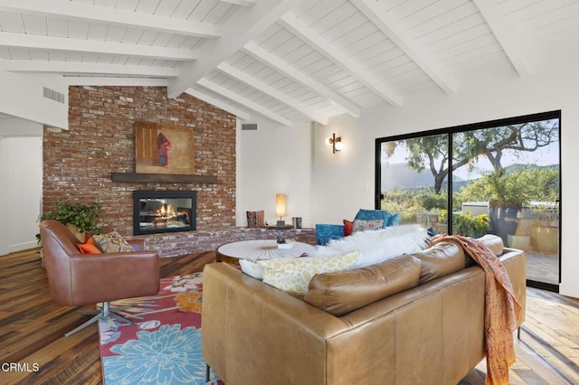 1417 Foothill Rd, Ojai, CA 93023 - living room with hardwood / wood-style flooring, a brick fireplace, and wood ceiling