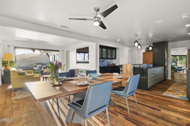 1417 Foothill Rd, Ojai, CA 93023 - dining area featuring hardwood / wood-style floors, a ceiling fan, and recessed lighting