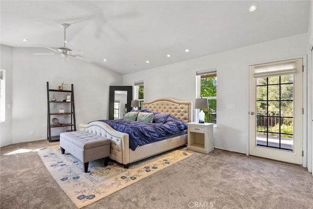 15 Quadra Ct, Chico, CA 95928 - carpeted bedroom featuring access to exterior, lofted ceiling, recessed lighting, and ceiling fan