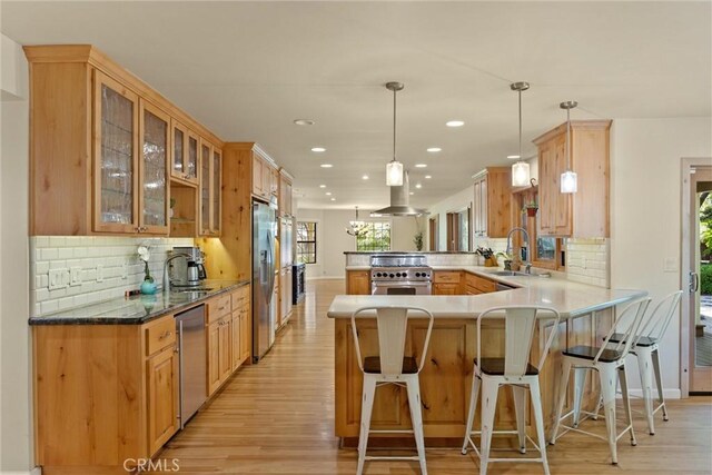 15 Quadra Ct, Chico, CA 95928 - kitchen featuring a peninsula, stainless steel appliances, ventilation hood, a sink, and light wood-style floors