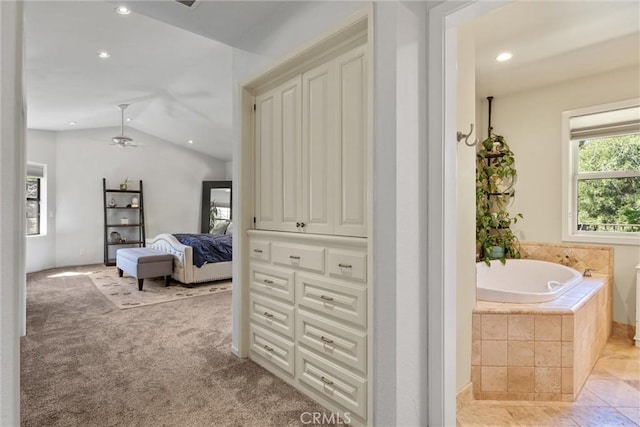15 Quadra Ct, Chico, CA 95928 - ensuite bathroom with a bath, vaulted ceiling, a ceiling fan, and recessed lighting