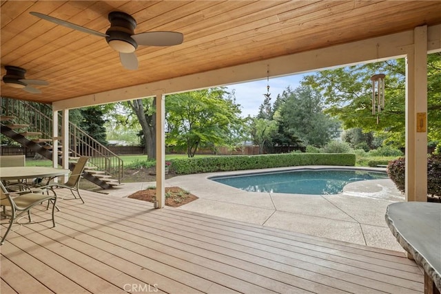 15 Quadra Ct, Chico, CA 95928 - view of swimming pool with stairs, ceiling fan, a wooden deck, a fenced backyard, and outdoor dining space