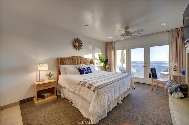 carpeted bedroom with a ceiling fan, recessed lighting, access to exterior, french doors, and baseboards