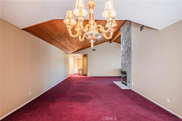 unfurnished living room with visible vents, baseboards, wooden ceiling, an inviting chandelier, and lofted ceiling
