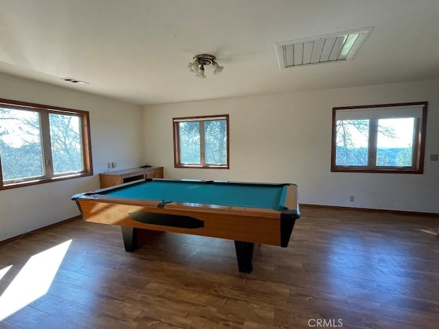 game room with pool table, visible vents, baseboards, and wood finished floors