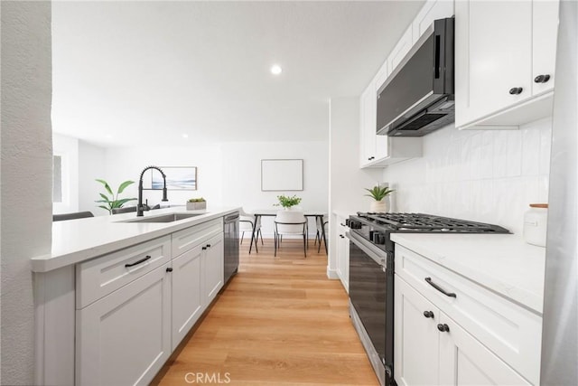 kitchen featuring a sink, light countertops, light wood-type flooring, appliances with stainless steel finishes, and white cabinetry