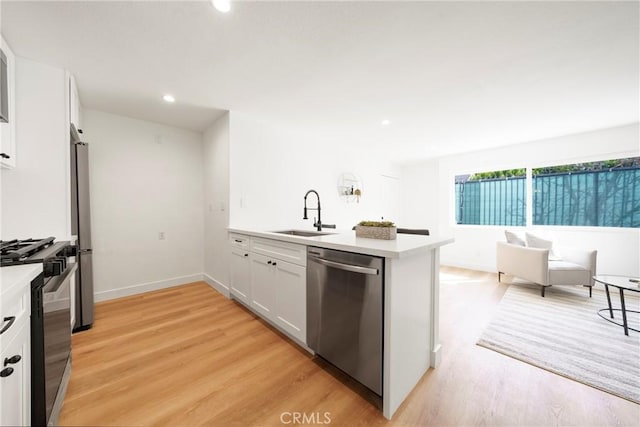 kitchen featuring light countertops, a peninsula, a sink, and stainless steel appliances