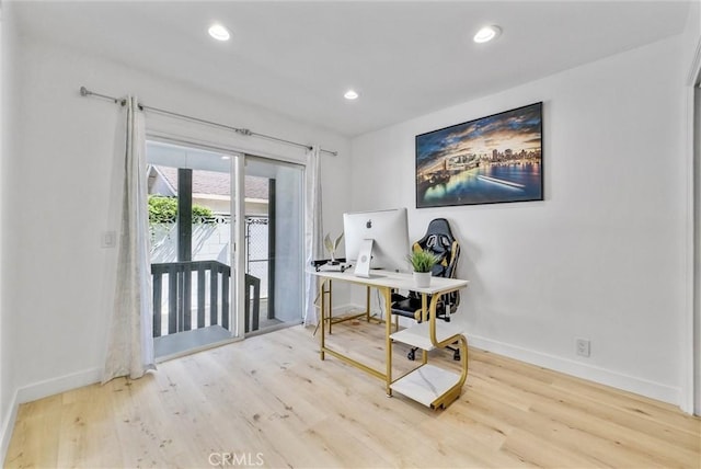 office with wood finished floors, baseboards, and recessed lighting