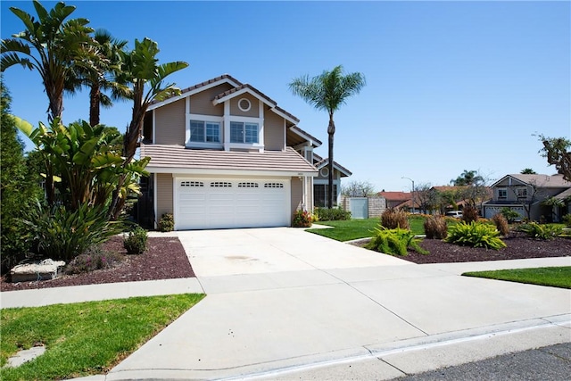 traditional home with a tiled roof, driveway, and a garage