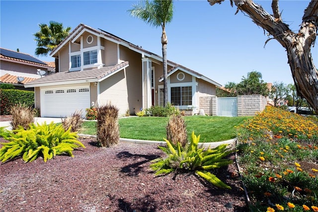 view of front of home featuring a garage, a tiled roof, fence, and a front lawn
