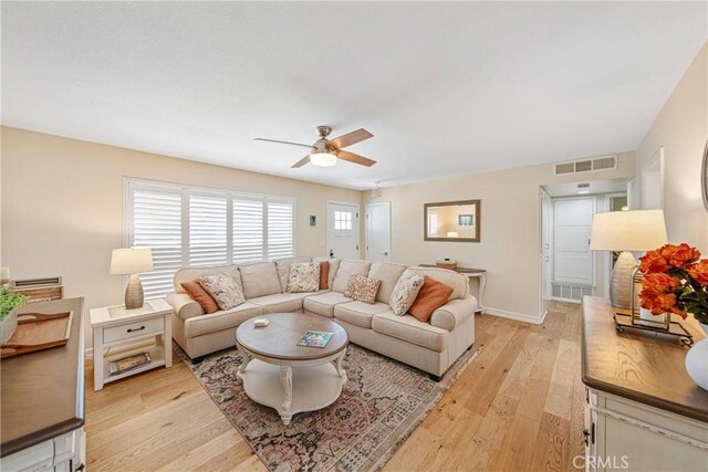 29251 Pebble Beach Dr, Menifee, CA 92586 - living area featuring light wood-style floors, visible vents, and a ceiling fan