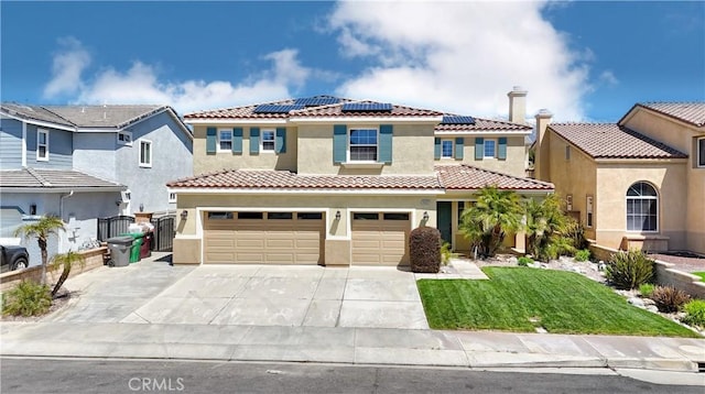 mediterranean / spanish-style home featuring a tiled roof, a garage, stucco siding, a front lawn, and driveway
