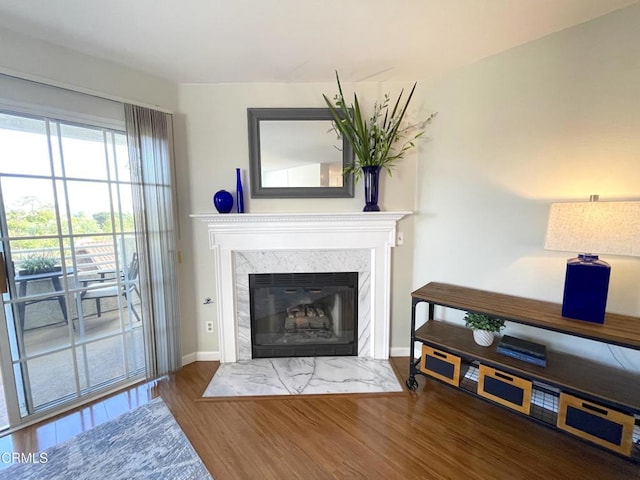 living room with baseboards, wood finished floors, and a fireplace