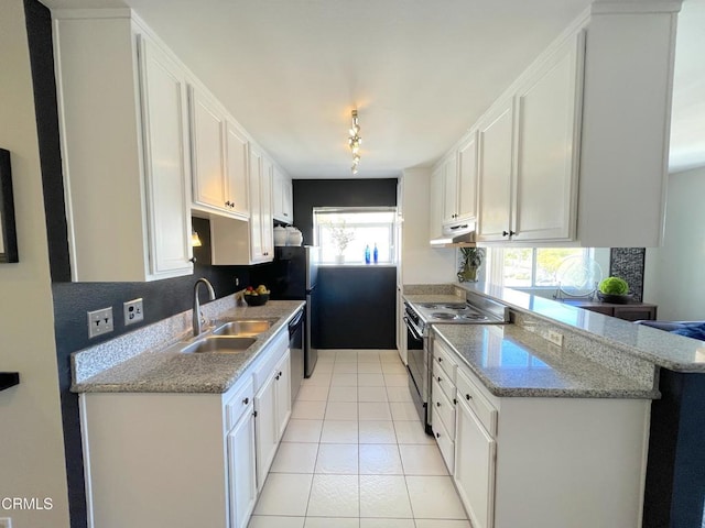 kitchen featuring under cabinet range hood, electric stove, white cabinetry, and a sink