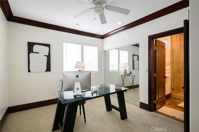 33762 Orilla Rd, Dana Point, CA 92629 - office featuring crown molding, light carpet, baseboards, and ceiling fan