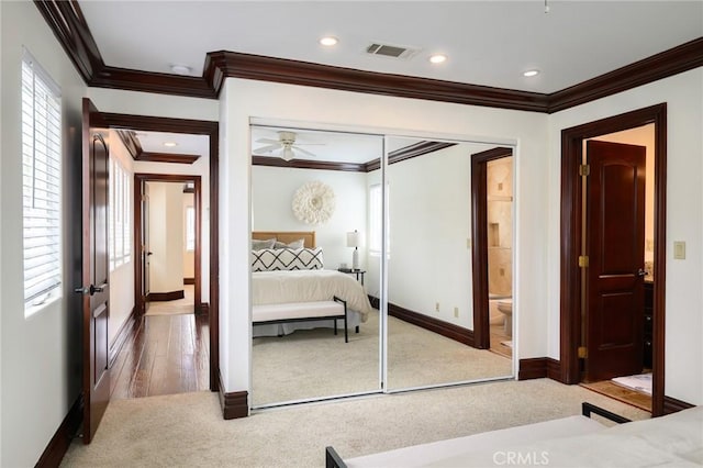 33762 Orilla Rd, Dana Point, CA 92629 - carpeted bedroom featuring ornamental molding, baseboards, a closet, and connected bathroom