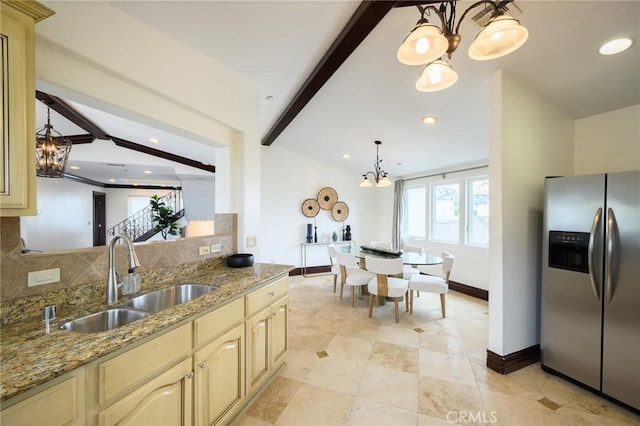 33762 Orilla Rd, Dana Point, CA 92629 - kitchen featuring stainless steel fridge with ice dispenser, a chandelier, cream cabinetry, beam ceiling, and recessed lighting
