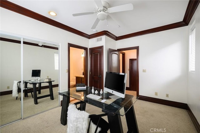 33762 Orilla Rd, Dana Point, CA 92629 - office space with light colored carpet, ornamental molding, baseboards, ceiling fan, and recessed lighting
