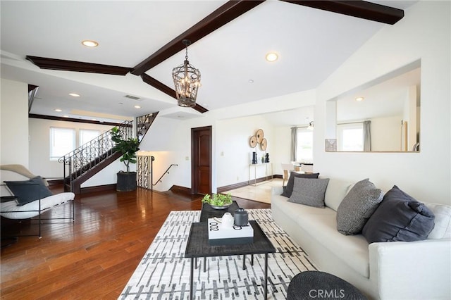 33762 Orilla Rd, Dana Point, CA 92629 - living room featuring a chandelier, wood finished floors, stairs, baseboards, and recessed lighting