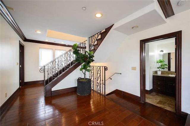 33762 Orilla Rd, Dana Point, CA 92629 - stairs featuring baseboards, hardwood / wood-style flooring, and ornamental molding