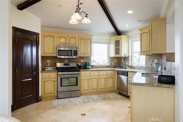 33762 Orilla Rd, Dana Point, CA 92629 - kitchen with stainless steel appliances, a sink, beamed ceiling, light brown cabinets, and tasteful backsplash
