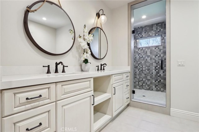 121 Avenida Pizarro, San Clemente, CA 92672 - full bath featuring a shower stall, double vanity, tile patterned floors, and recessed lighting