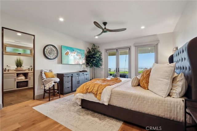 121 Avenida Pizarro, San Clemente, CA 92672 - bedroom with recessed lighting, access to exterior, light wood-style floors, ceiling fan, and french doors