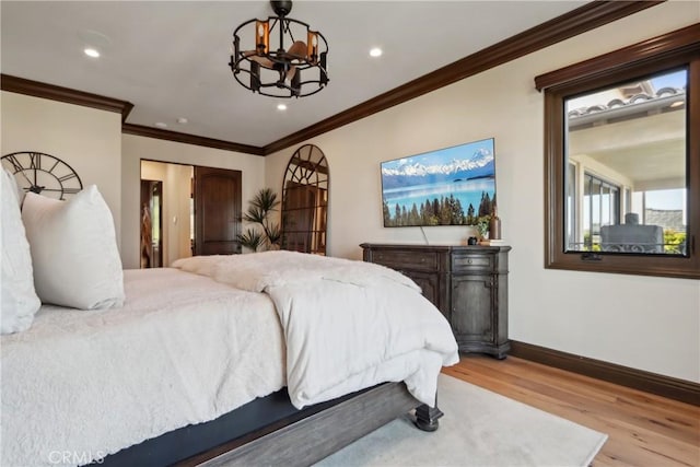 121 Avenida Pizarro, San Clemente, CA 92672 - bedroom featuring a chandelier, wood finished floors, baseboards, ornamental molding, and recessed lighting