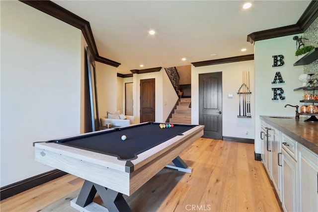 121 Avenida Pizarro, San Clemente, CA 92672 - game room with ornamental molding, billiards, light wood-style flooring, baseboards, and recessed lighting