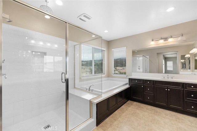 45600 Gresham, Temecula, CA 92592 - full bath featuring a shower stall, a garden tub, vanity, tile patterned floors, and recessed lighting