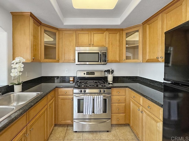 kitchen with glass insert cabinets, dark stone counters, a tray ceiling, a sink, and appliances with stainless steel finishes
