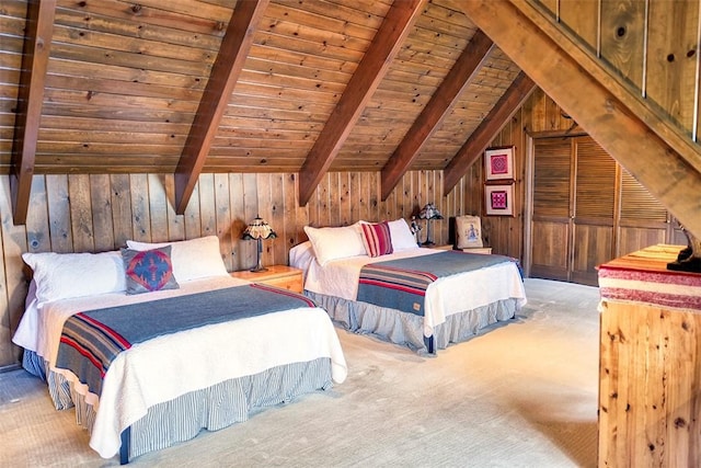 27990 Peninsula Dr N, Lake Arrowhead, CA 92352 - carpeted bedroom featuring wood ceiling, wooden walls, and lofted ceiling with beams