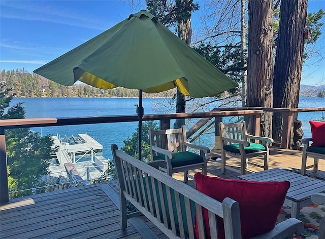 27990 Peninsula Dr N, Lake Arrowhead, CA 92352 - wooden terrace featuring a water view