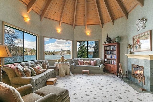 27990 Peninsula Dr N, Lake Arrowhead, CA 92352 - living area with wood ceiling, a fireplace, beam ceiling, and carpet
