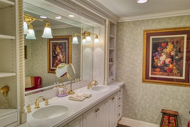 27990 Peninsula Dr N, Lake Arrowhead, CA 92352 - bathroom with wallpapered walls, a sink, and ornamental molding