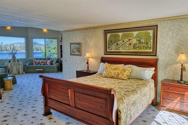 27990 Peninsula Dr N, Lake Arrowhead, CA 92352 - bedroom with crown molding, access to exterior, carpet flooring, and wallpapered walls
