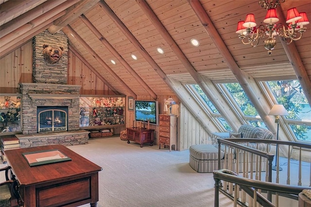 27990 Peninsula Dr N, Lake Arrowhead, CA 92352 - carpeted living room with wooden walls, beamed ceiling, an inviting chandelier, and wood ceiling