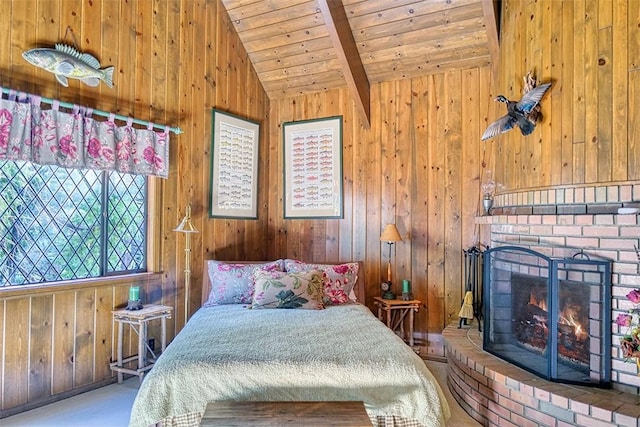 27990 Peninsula Dr N, Lake Arrowhead, CA 92352 - bedroom featuring wood walls, a fireplace, wood ceiling, and lofted ceiling with beams