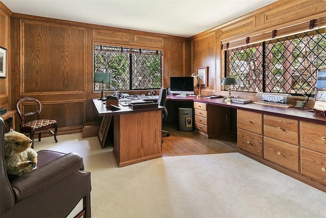 27990 Peninsula Dr N, Lake Arrowhead, CA 92352 - office space featuring wooden walls, built in study area, and light carpet