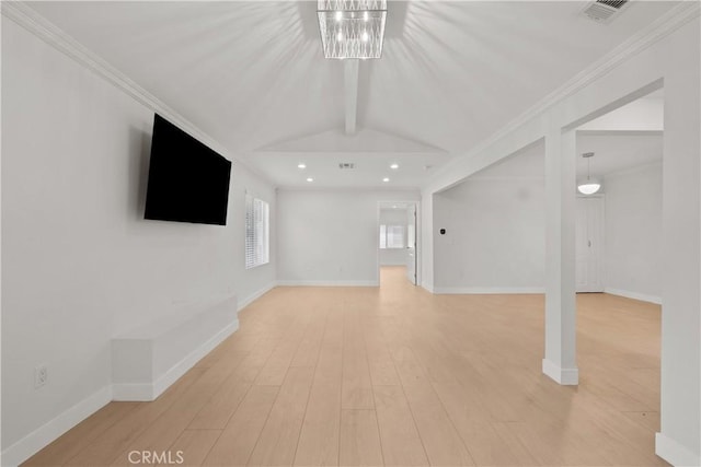 5025 Noble Ave, Sherman Oaks, CA 91403 - unfurnished living room with light wood-style floors, baseboards, recessed lighting, and crown molding