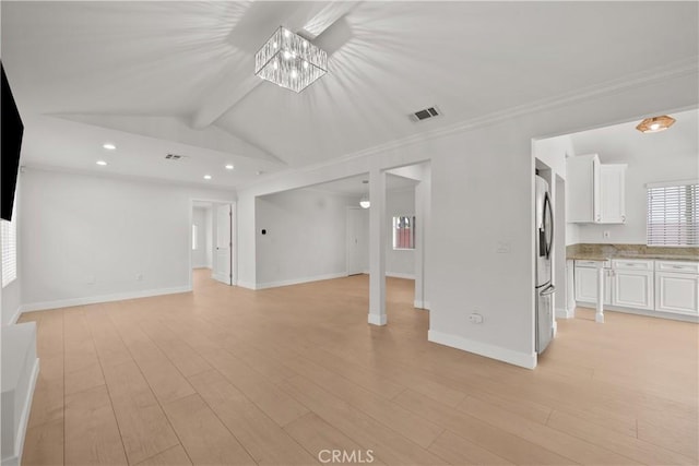 5025 Noble Ave, Sherman Oaks, CA 91403 - unfurnished living room featuring a chandelier, recessed lighting, light wood-style flooring, baseboards, and ornamental molding