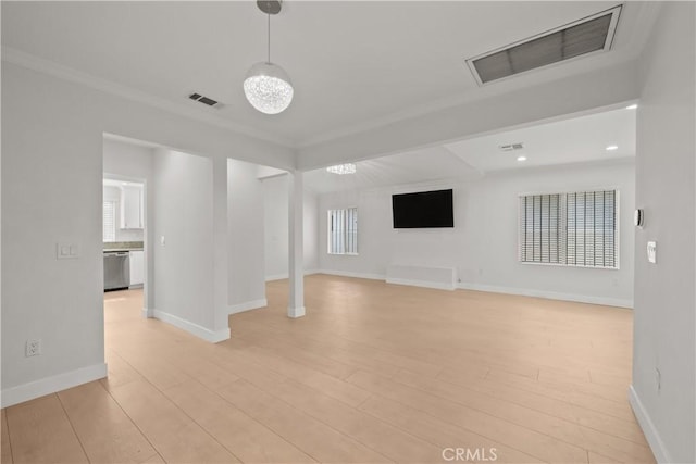 5025 Noble Ave, Sherman Oaks, CA 91403 - unfurnished living room featuring light wood finished floors, crown molding, baseboards, and a chandelier