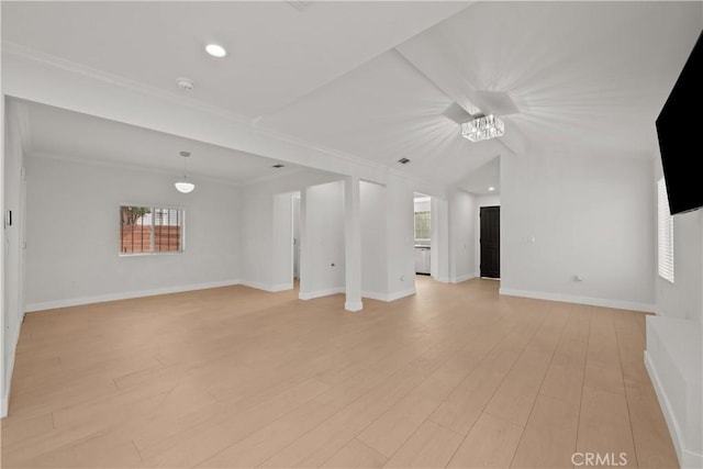 5025 Noble Ave, Sherman Oaks, CA 91403 - empty room featuring baseboards, light wood-style flooring, a chandelier, ornamental molding, and recessed lighting