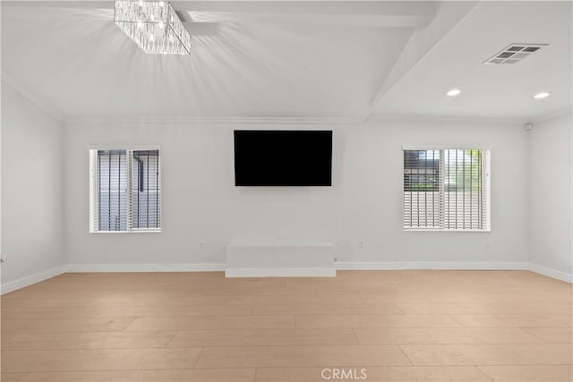 5025 Noble Ave, Sherman Oaks, CA 91403 - unfurnished living room featuring ornamental molding, recessed lighting, light wood-style floors, baseboards, and a chandelier