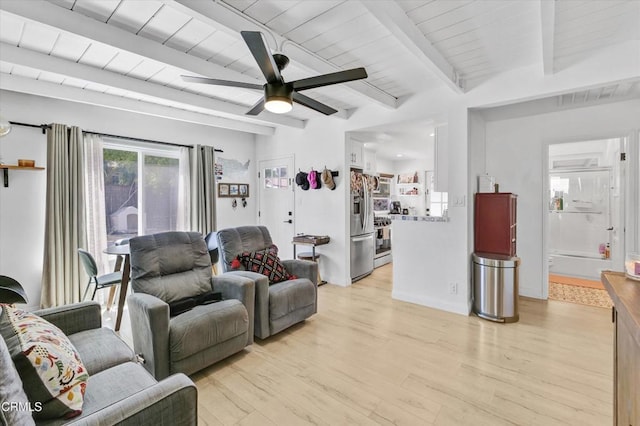 living area with beam ceiling, light wood-type flooring, wooden ceiling, and a ceiling fan