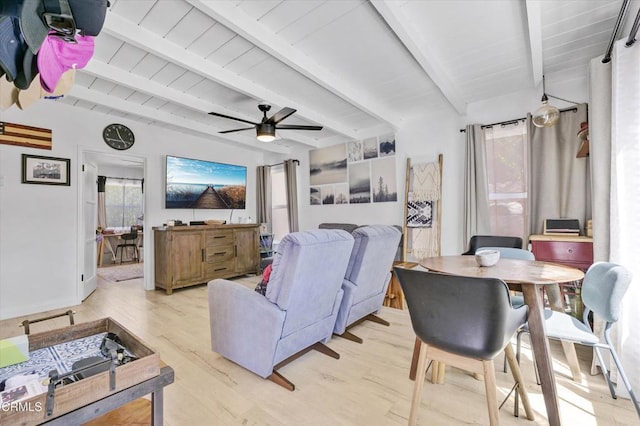 living room featuring beam ceiling, ceiling fan, light wood-type flooring, and wooden ceiling
