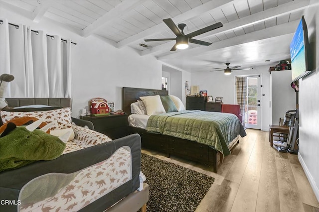 bedroom with visible vents, wooden ceiling, beam ceiling, wood finished floors, and access to exterior