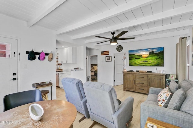 living area featuring light wood-style flooring, wooden ceiling, beamed ceiling, and a ceiling fan